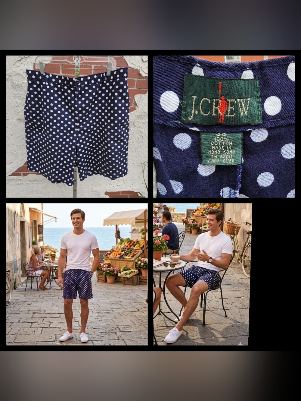 38 men J CREW blue white cotton preppy chino shorts polka dot